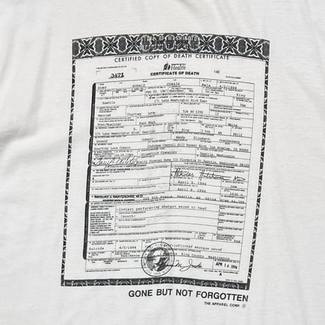 NIRVANA KURT COBAIN DEATH CERTIFICATE BLUE FRUIT OF THE LOOM XL 1978