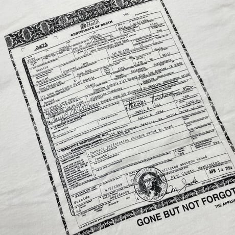 KURT COBAIN CERTIFICATE OF DEATH TEE WHITE FRUIT OF THE LOOM MEDIUM 6875