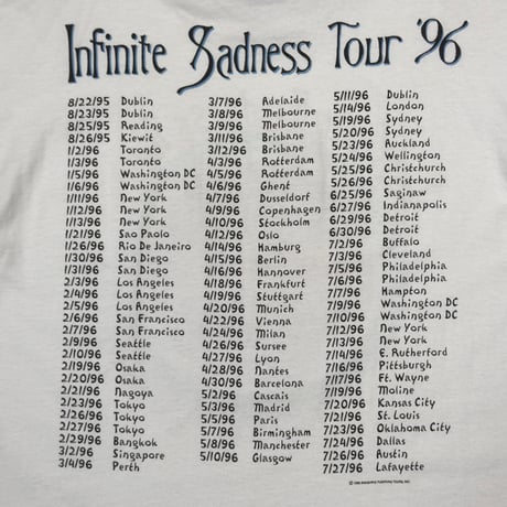 THE SMASHING PUMPKINS INFINITE SADNESS TOUR '96 WHITE GIANT by TEE JAYS XL 1464