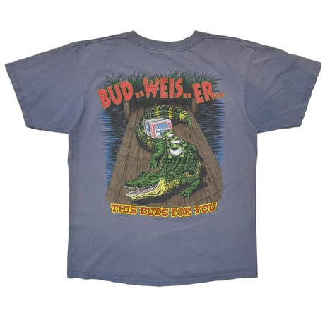 Budweiser 1996 FAKE POCKET PRINT FROGS & CROCODILE THIS BUD'S FOR YOU FADED BLUE GILDAN LARGE 5236
