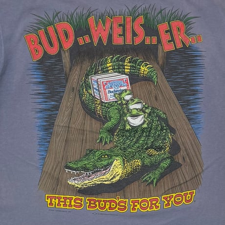 Budweiser 1996 FAKE POCKET PRINT FROGS & CROCODILE THIS BUD'S FOR YOU FADED BLUE GILDAN LARGE 5236