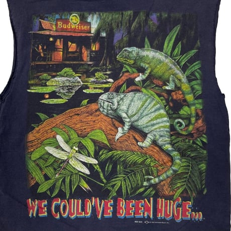 Budweiser 1997 DOUBLE SIDE WE CLOUD'VE BEEN HUGE ... SLEEVE CUT NAVY SOFTEE LARGE 9886