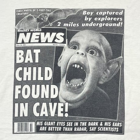 OLD&VINTAGE WEEKLY WORLD NEWS BAT CHILD FOUND IN CAVE! WHITE FRUIT OF THE LOOM XL 4125