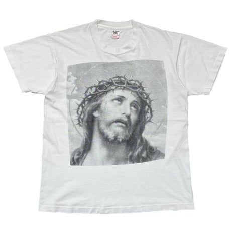 ARCHAIC SMILE JESUS PORTRAIT WHITE FRUIT OF THE LOOM MEDIUM 3851