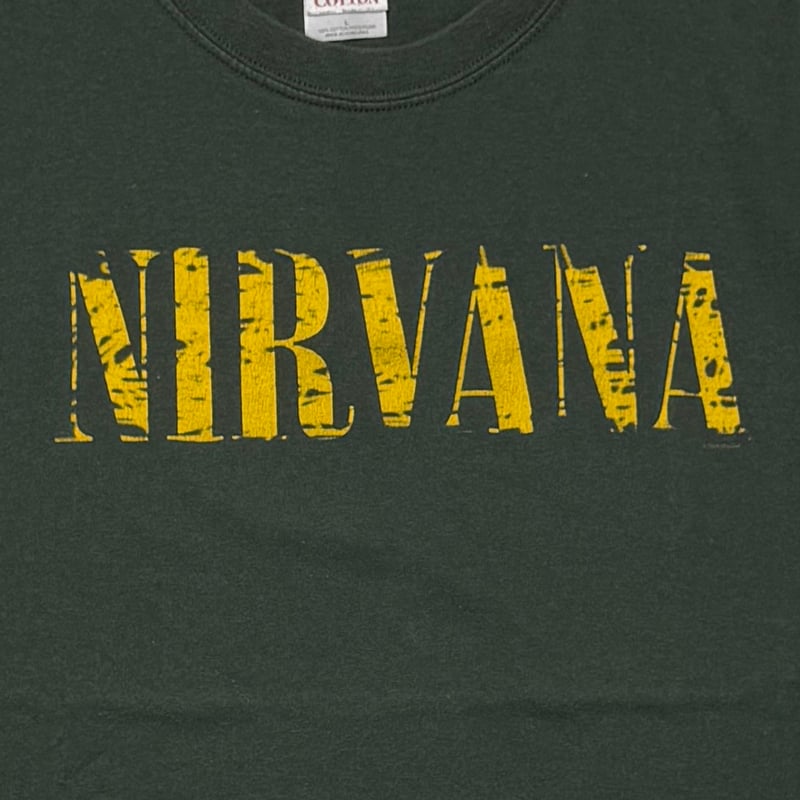 NIRVANA Tシャツ 2005　カーキ　Lサイズ NIRVANA 2005 YELLOW TEXT LOGO GREEN GILDAN LARG