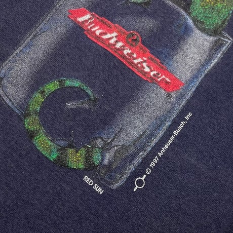 Budweiser 1997 DOUBLE SIDE WE CLOUD'VE BEEN HUGE ... SLEEVE CUT NAVY SOFTEE LARGE 9886