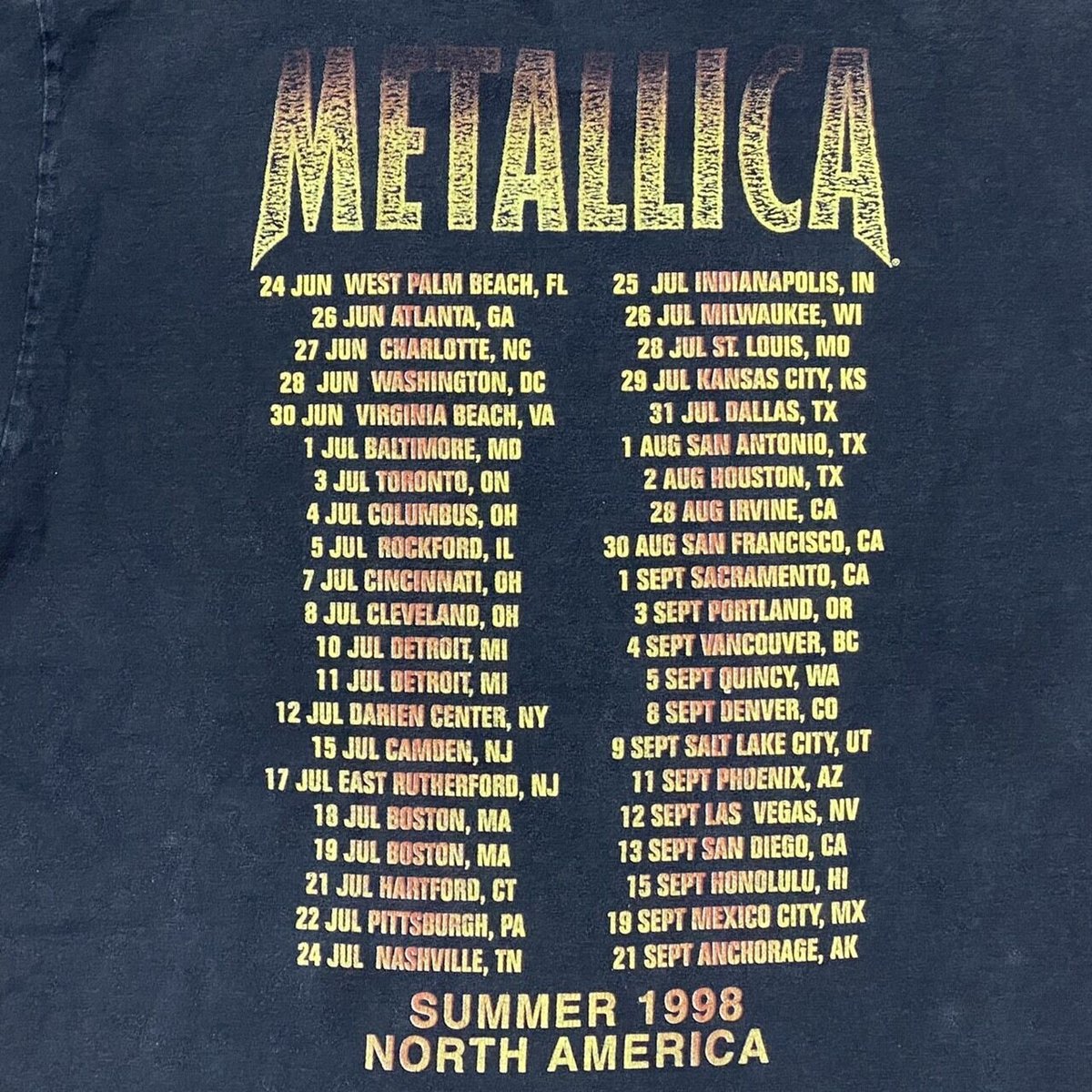 METALLICA SUMMER 1998 NORTH AMERICA TOUR TEE TU
