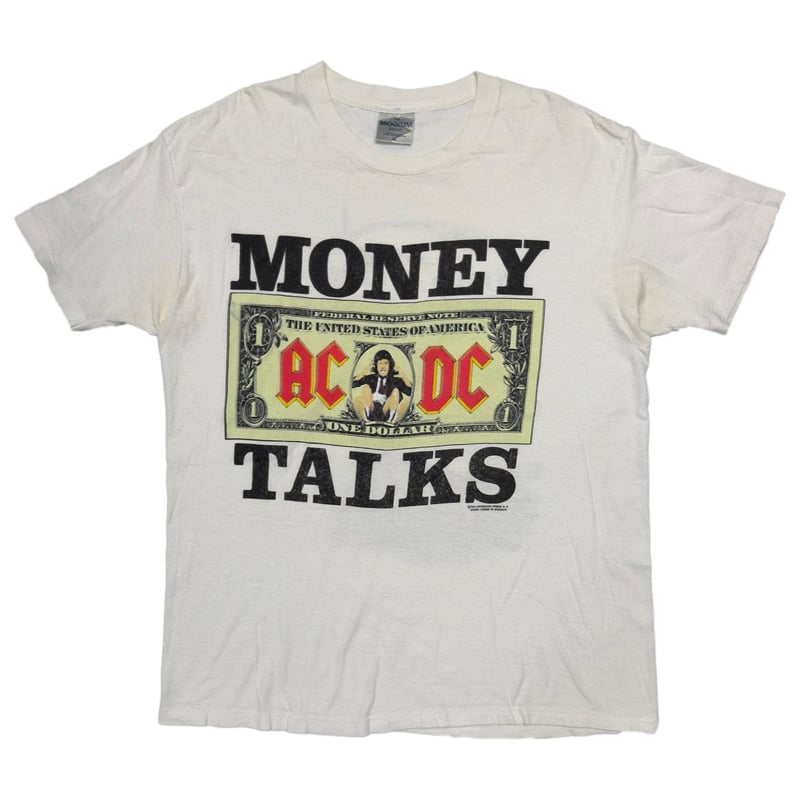 トップス AC/DC MONEY TALKS shirt XL greatland AC/DC 1990 MONEY TALKS WORLD TOUR 1990/91 WHITE