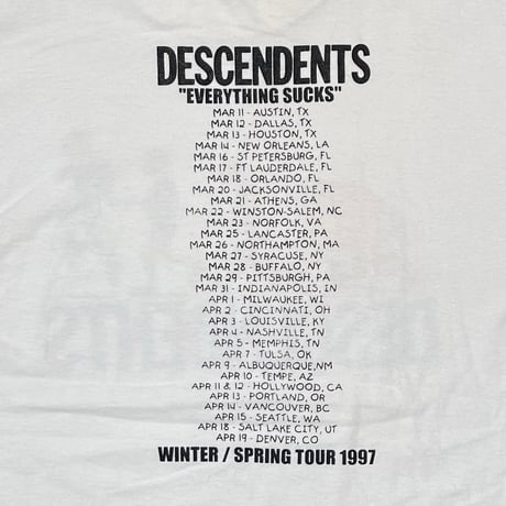 DESCENDENTS EVERYTHING SUCKS TOUR 1997 WHITE GILDAN HEAVY WEIGHT XL 6761