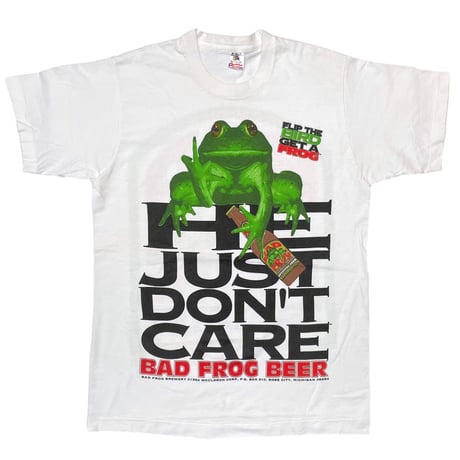BAD FROG BEER 1994 HE JUST DON'T CARE WHITE FRUIT OF THE LOOM MEDIUM 9881