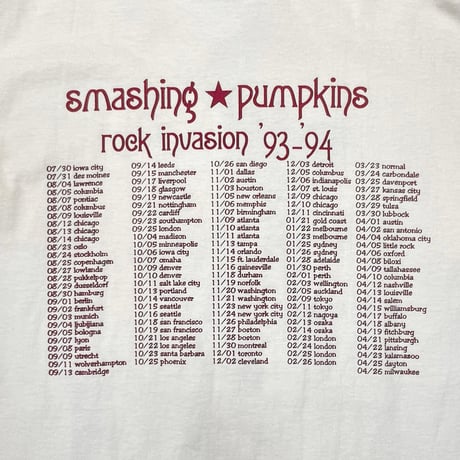 THE SMASHING PUMPKINS 1993 siamese dream rock invasion '93-'94 WHITE GIANT BY TEEJAYS XL 6054