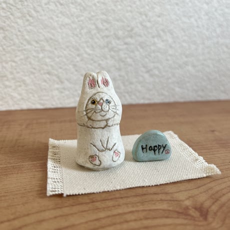 ミニチュアうさ猫set／白猫＆Happy(ブルー)