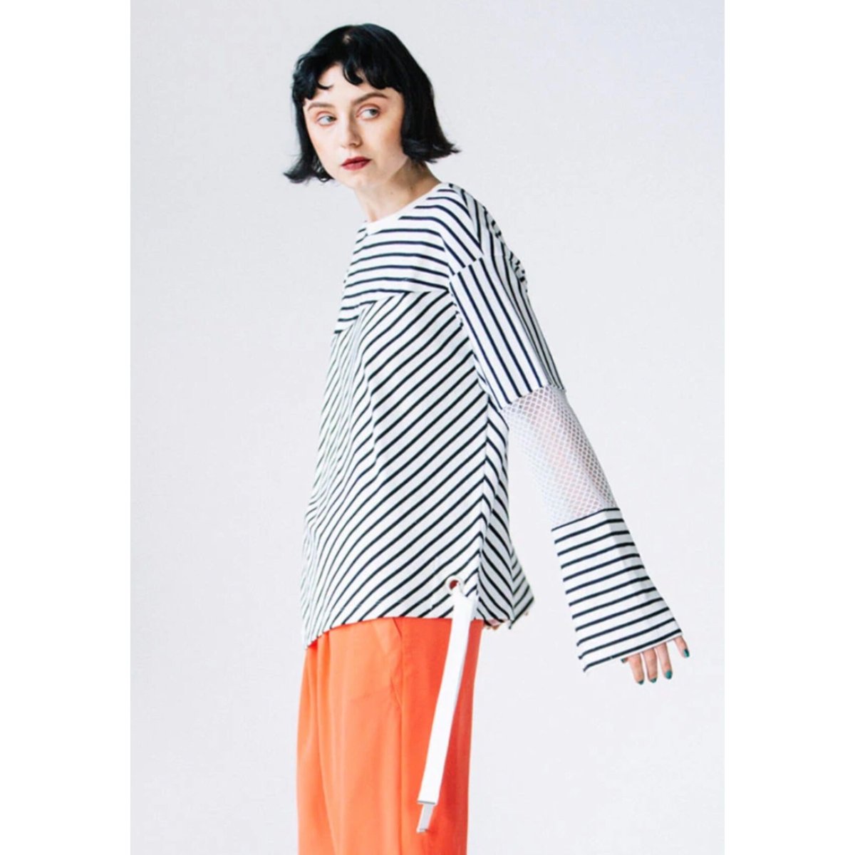 AULA AILA】BORDER MESH SLEEVE LONG T-SHIRT ボーダー