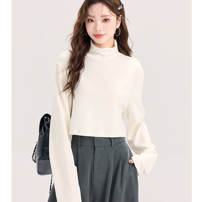 ショート丈 ワイドサイズ ハイネック長袖ニット 無地 ホワイト MENGXQ