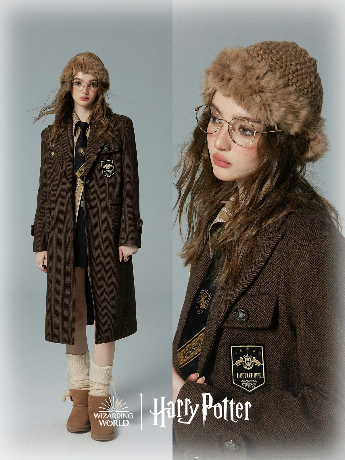 公式 ハリーポッター ヘリンボーン柄ロングコート ホグワーツ寮 4色