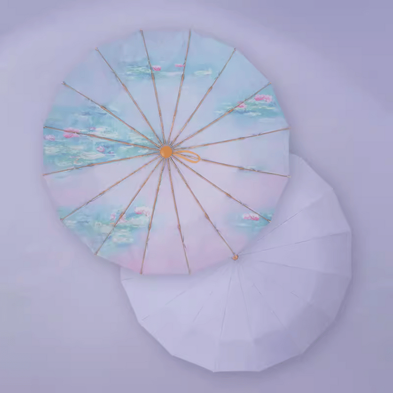 モネ「紫睡蓮の池」 3段折りたたみ傘 晴雨兼用 ”2枚生地16本骨” 美術