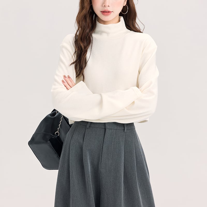 ショート丈 ワイドサイズ ハイネック長袖ニット 無地 ホワイト MENGXQ