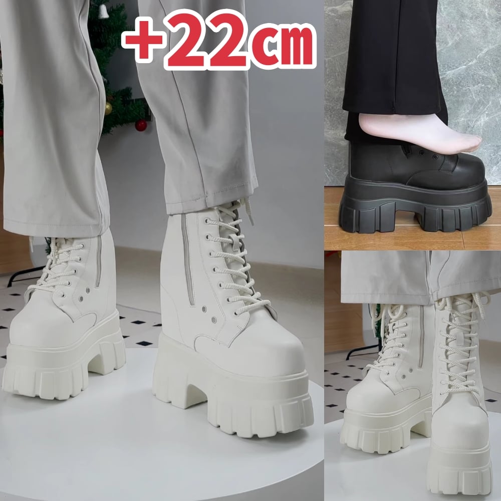 22㎝】シークレットブーツ レースアップ ショートブーツ ホワイト 10