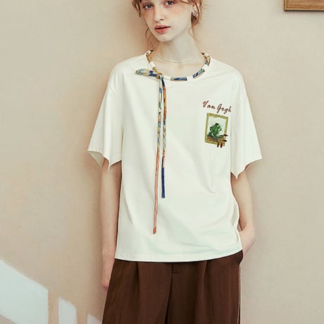 ゴッホの寝室の刺繍2wayコードネックTシャツ 美術作品シリーズ