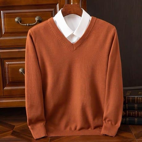 Vネックセーター  キャラメル 編み襟模様 無地カラー スクールセーター ユニセックス