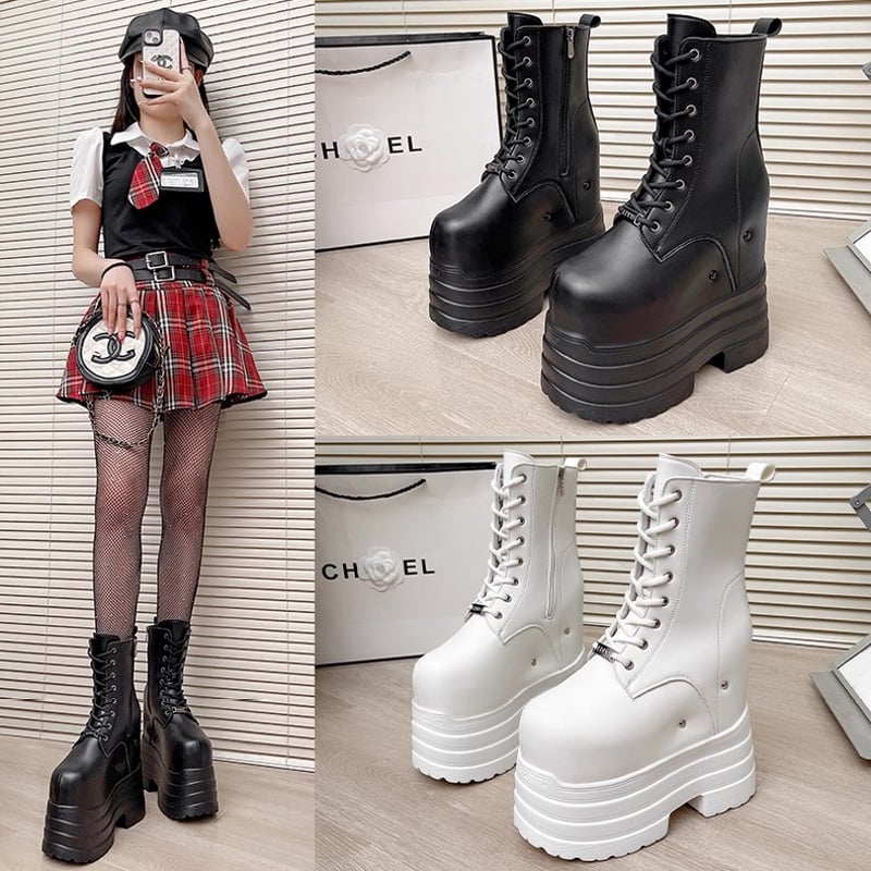 シークレットブーツ　コスプレ　+22cm 厚底 22㎝】シークレットブーツ レースアップ ショートブーツ ブラック 10