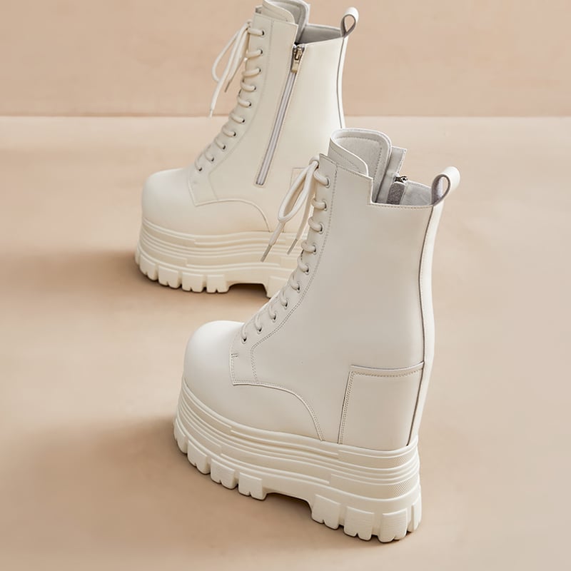 22㎝】シークレットブーツ レースアップ ショートブーツ ホワイト 10