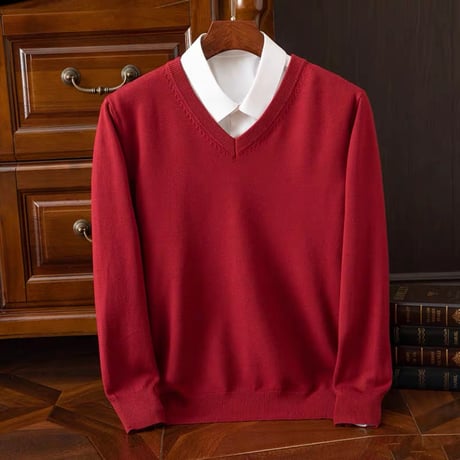 Vネックセーター  ワインレッド 編み襟模様 無地カラー スクールセーター ユニセックス