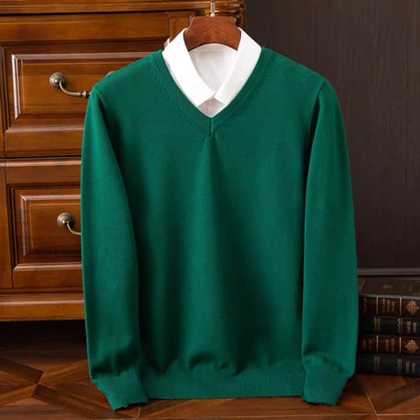 Vネックセーター  グリーン 編み襟模様 無地カラー スクールセーター ユニセックス