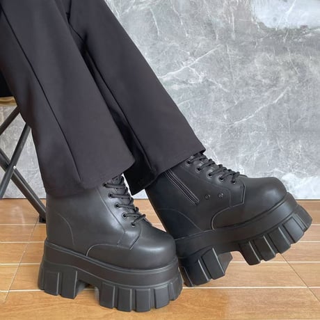 【+22㎝】シークレットブーツ レースアップ ショートブーツ ブラック 10㎝厚底 コスプレ