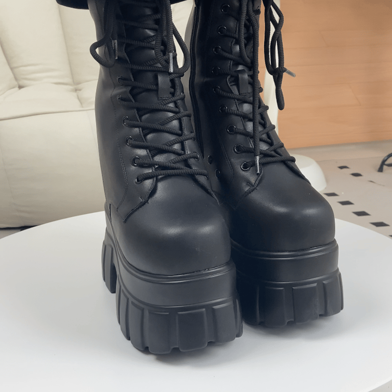 22㎝】シークレットブーツ レースアップ ショートブーツ ブラック 10