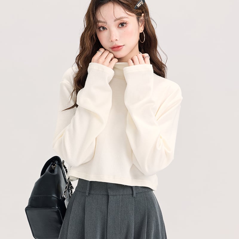 ショート丈 ワイドサイズ ハイネック長袖ニット 無地 ホワイト MENGXQ