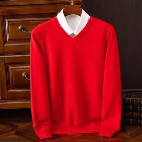 Vネックセーター  レッド 編み襟模様 無地カラー スクールセーター ユニセックス