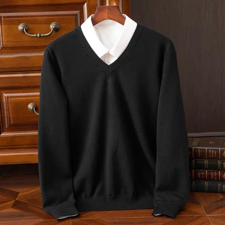 Vネックセーター  ブラック 編み襟模様 無地カラー スクールセーター ユニセックス