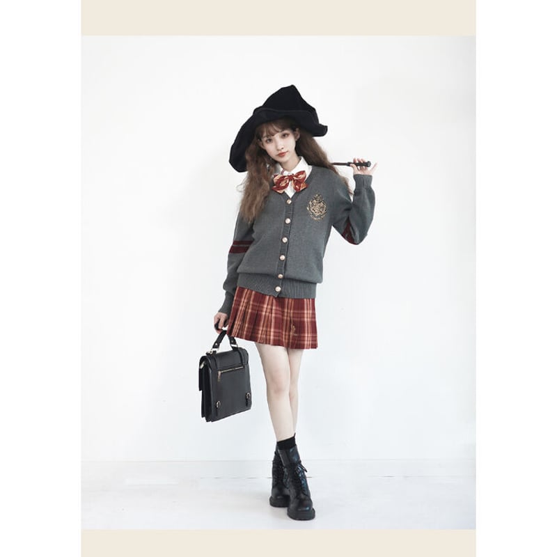 ハリーポッター KYOUKO ロゴ入りチェックミニスカート ハッフルパフ USJ 梗豆KYOUKO制服館 ハリーポッター ユニバ プリーツスカート JK