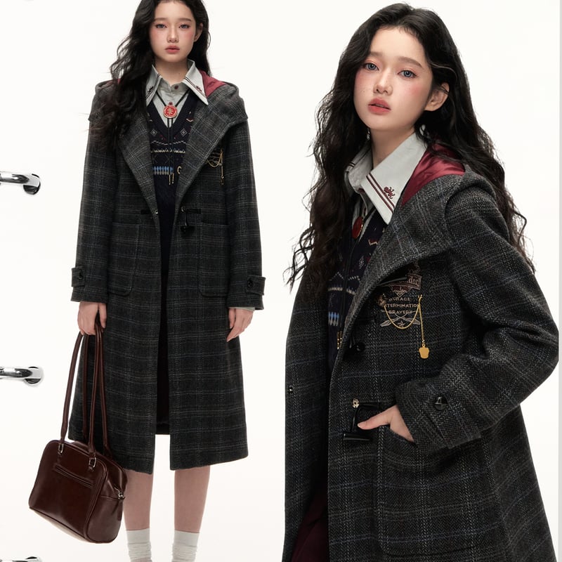 ハリーポッター チェック柄フード付きロングコート KYOUKO2025冬 | Aki