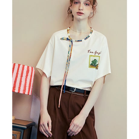 ゴッホの寝室の刺繍2wayコードネックTシャツ 美術作品シリーズ