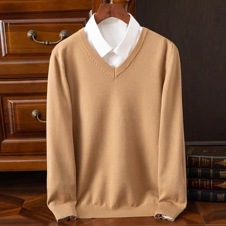 Vネックセーター カーキ  編み襟模様 無地 スクールセーター ユニセックスサイズ