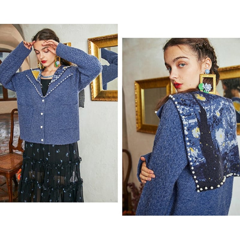 Star Night Theater カーディガン アオ ゴッホ 星月夜 セーラーニットカーディガン 美術作品シリーズ