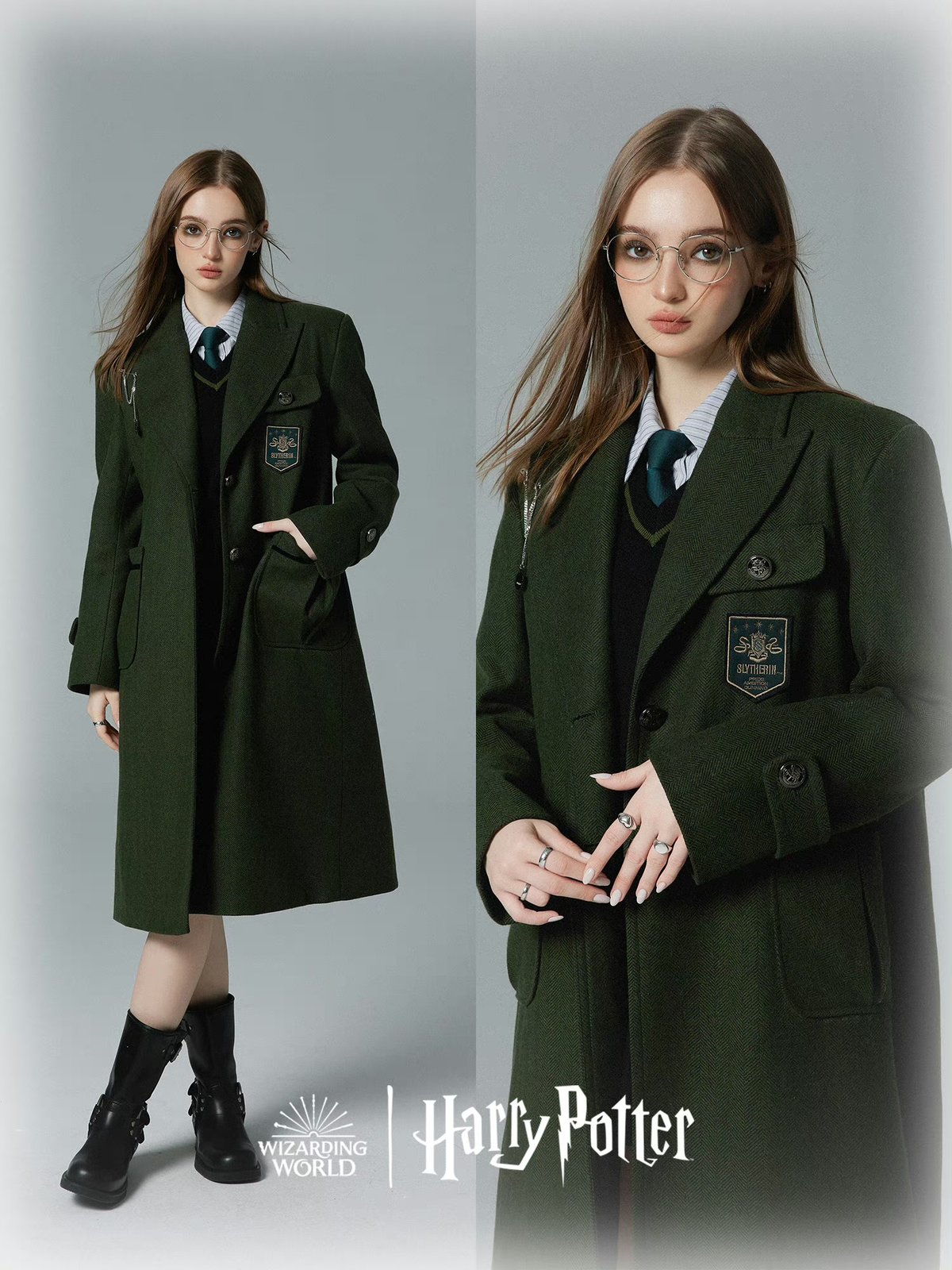 公式 ハリーポッター ヘリンボーン柄ロングコート ホグワーツ寮 4色