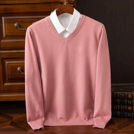 Vネックセーター  パステルピンク 編み襟模様 無地カラー スクールセーター ユニセックス