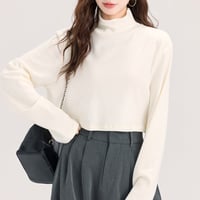 ショート丈 ワイドサイズ ハイネック長袖ニット 無地 ホワイト MENGXQ