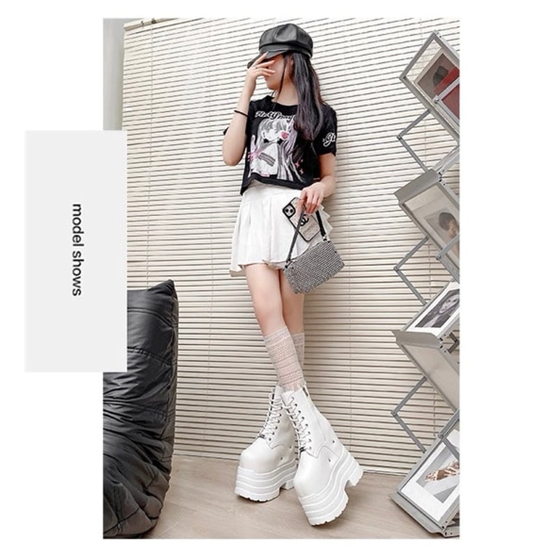 20㎝】 シークレットブーツ レースアップショートブーツ ホワイト 厚底