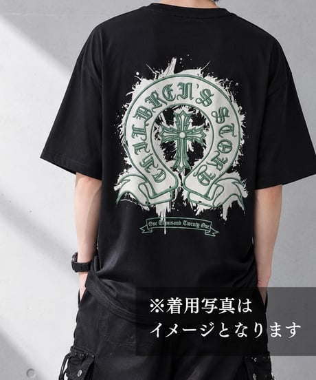 【Y.e(J)ow】クロスプリント＆刺繍Tシャツ