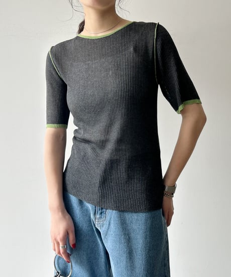 麻タッチ配色クルーネック半袖トップス（1411）