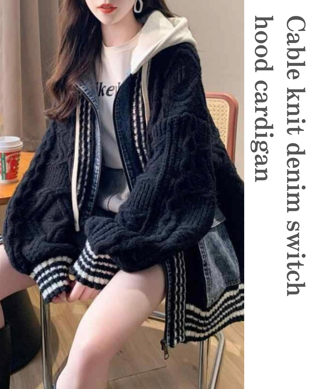 select】ケーブルニットデニム切替 フード重ね着風カーディガン（16665