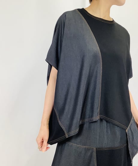 【select】デニム見え素材切替アシメントリーカットソー（N26108）