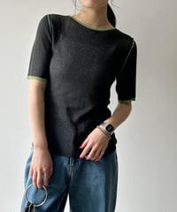 麻タッチ配色クルーネック半袖トップス（1411）