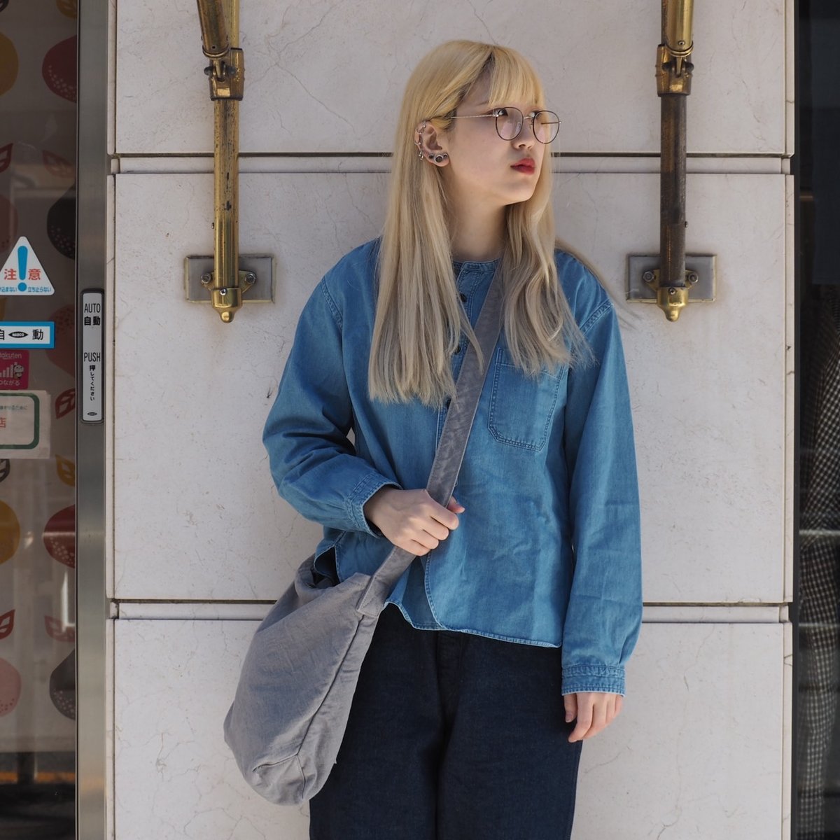 OMNIGOD womens] インディゴ5ozデニムスタンドカラーシャツ | EDO-STORE