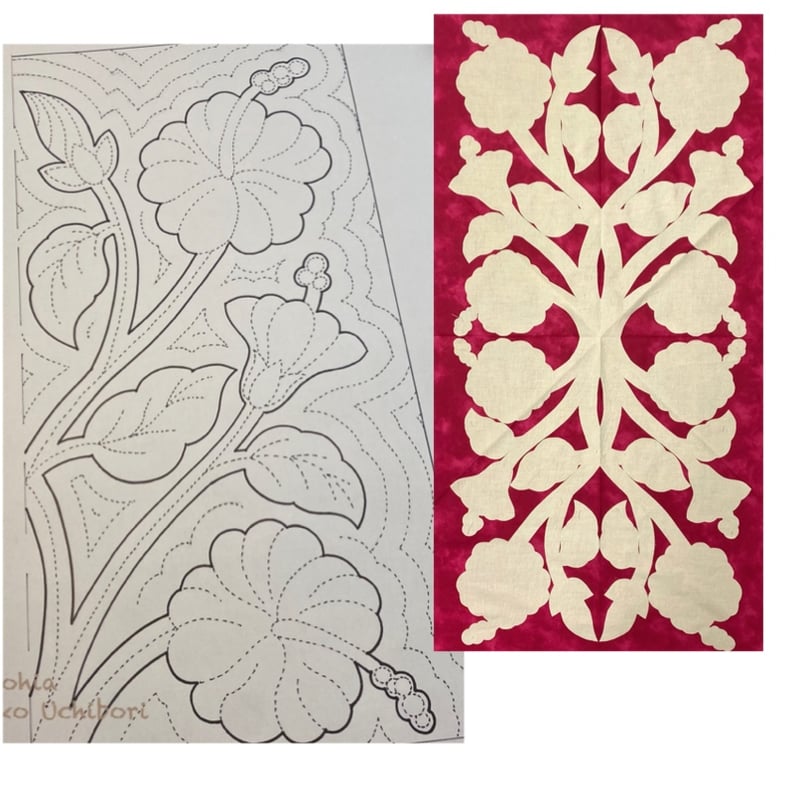 ハワイアンキルトタペストリー　ハイビスカスの向こうは海 ハワイアンキルトタペストリーハイビスカスの向こうは海