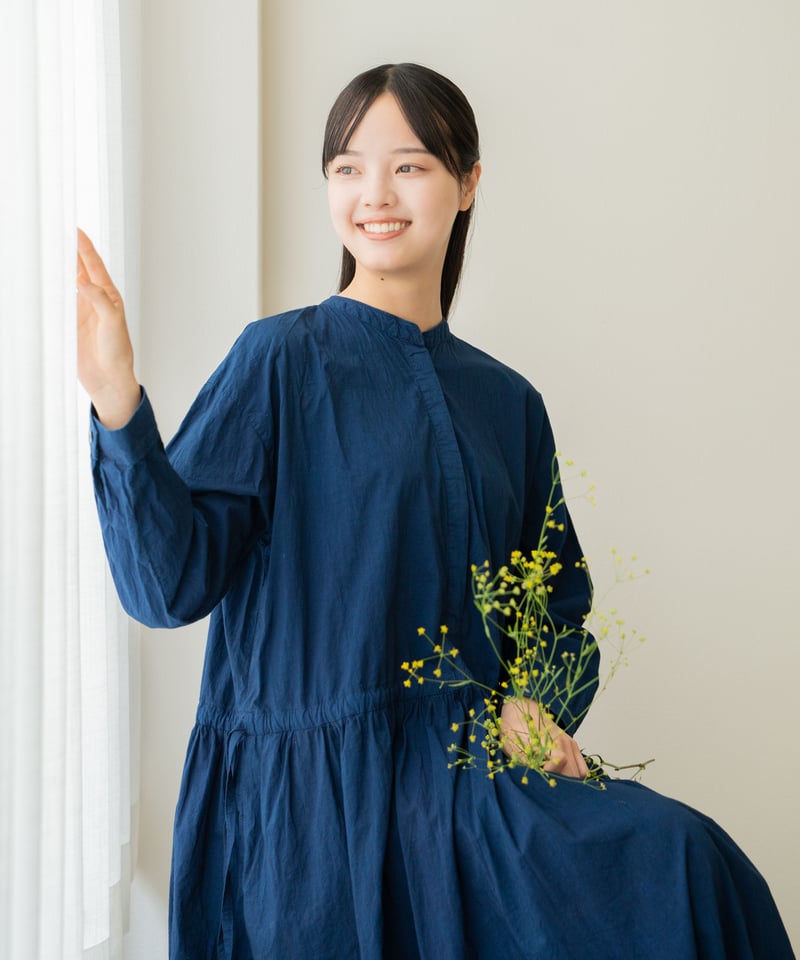 製品染め/洗える/草木染め】ウエストギャザーワンピース 藍 製品染め/洗える/草木染め】ウエストギャザーワンピース 藍